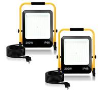Randaco Faretto LED da Cantiere, 2 Pack 200W 16000LM Luce da Costruzione Portatile, 6000K Bianca Freddo Faretto LED da Esterno con staffa pieghevole Impermeabile IP66 (3M Cavo con Spina)