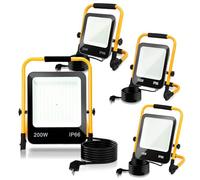 Randaco Faretto LED da Cantiere, 4 Pack 200W 16000LM Luce da Costruzione Portatile, 6000K Bianca Freddo Faretto LED da Esterno con staffa pieghevole Impermeabile IP66 (3M Cavo con Spina)