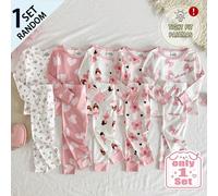 [Random 1 Set]Pigiama aderente per bambine e bambine piccole, slim fit, maniche lunghe e pantaloni lunghi, con stampa di elementi popolari come dolci, torte, stelle, lune, koala, unicorni, conigli e m