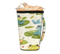 Rane su foglie di loto, custodia riutilizzabile per caffè freddo con manico, portabicchieri isolato in neoprene per bevande fredde, tazza da caffè accogliente, adatta a tazze, bicchieri, tazze da 510