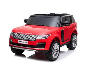 Range Rover elettrico, rosso, doppio sedile in pelle, display LCD con ingresso USB, unità 4x4, batteria 2x 12V7Ah, ruote EVA, assi di sospensione, avviamento a chiave, telecomando Bluetooth da 2,4 GHz