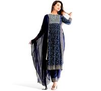 RangMahal - Set kurti da donna in rayon con taglio Naira e pantaloni e Dupatta (US, Alpha, L, regolare, blu navy), Blu navy, Large