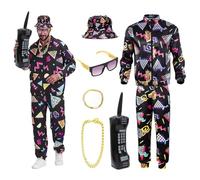 RANJIMA Costume anni '80 anni '90, da uomo e da donna, 7 pezzi, in stile retrò, da jogging, da uomo, con giacca, pantaloni, cappello, catena d'oro, braccialetti, radio gonfiabile, per Carnevale (L)