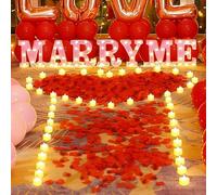 RANJIMA Lettere Luminose Come Decorazione per Proposte di Matrimonio Marry Me, 2000 Petali di Rosa Artificiali con 24 Romantiche Candele Senza Fiamma a Forma di Cuore per Matrimonio Fidanzamento