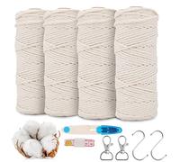 RANJIMA Macrame Corda, Set di 4 Pezzi Corda Macrame 3mmx50m con Accessori Macramè Cotone Kit Macrame per Arazzi Appendere Piante e Decorazioni Filo Cotone Grosso per Matrimoni DIY,Beige