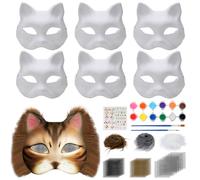 RANJIMA Maschere per gatti da dipingere, 6 mascherine per gatti con occhio in rete e pelliccia di Kuns, fai da te, in carta Therian, colore bianco, semimaschere vuote, non dipinte, per Halloween