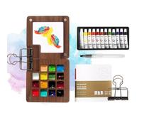 RANJIMA Mini set di colori ad acquerello, 12 colori, tavolozza ad acquerello, tavolozza in legno, tavolozza magnetica con clip, mini pallet di legno pieghevole per pittori, artisti, studenti