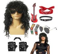 Ranley Costume da 80 rocker, da uomo, costume da 80, 10, con occhiali da sole a bandana, punk completi, con parrucca, fascia, collare, occhiali da sole,