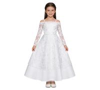 ranrann Abito Elegante da Ragazza Manica Lunga con Spalle Scoperte per Cerimonia Vestito Lungo da Damigella in Pizzo per Matrimonio Comunione Battesimo Compleanno