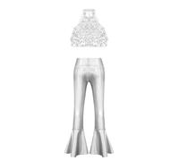 ranrann Tuta Sportiva da Ginnastica Artistica Bambina Crop Top Scintillante e Pantaloni a Zampa D’Elefante Abito da Danza di Strada Jazz Moderna Saggio Dancewear B Argento 15-16 Anni