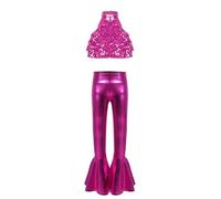 ranrann Tuta Sportiva da Ginnastica Artistica Bambina Crop Top Scintillante e Pantaloni a Zampa D’Elefante Abito da Danza di Strada Jazz Moderna Saggio Dancewear B Rosa Scuro 9-10 Anni