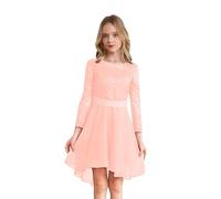 ranrann Vestito Lungo Bambina Cerimonia Elegante Chiffon Abito da Sera Manica Lunga Stile Impero Ricamo Pizzo Abito da Damigella Matrimonio Sposa Festa di Compleanno A Rosa 7-8 Anni