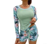 RANRAO Costume da bagno tankini in nylon con supporto imbottito sul petto | Manica lunga per top, boxer con stampa tropicale, protezione solare, petto imbottito