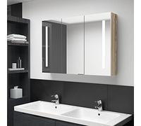 Rantry Armadietto Bagno con Specchio e LED 89x14x62 cm Bianco e Rovere, Credenza Armadio Armadietto da Pavimento per Bagno Mobiletto Portaoggetti Ripiani Armadio di Stoccaggio per Ufficio Mobili