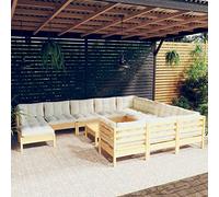 Rantry Casa Set Divani da Giardino 12 Pezzi con Cuscini Crema Massello di Pino, Divano Letto, Divanoletto Sofà Soggiorno, Divani per Esterno da Giardino, Esterno Arredamento
