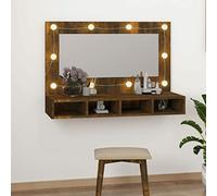 Rantry Mobile a Specchio con LED Rovere Fumo 90x31,5x62 cm, Specchio da Porta Specchio Vanity per Bagno Mobiletto Portaoggetti Ripiani Armadio di Stoccaggio