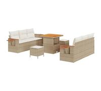 Rantry Set Divano da Giardino in Polyrattan Beige con Dettagli in Legno, Modulare, per 7 Persone, Resistente alle Intemperie, Include 2 Sezioni, 1 Tavolo, 1 Pouf e Cuscini, Ideale per Balcone e Patio