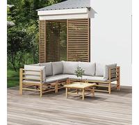 Rantry Set Salotto da Giardino 6pz con Cuscini Grigio Chiaro bambù, Lettini Prendisole, Divano Letto Mobili, Lettini da Giardino, Lettino da Piscina da Esterno Piscina 3X Angolo+2X Centrale+Tavolo A
