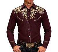 RAOKENSU Camicia da cowboy da uomo, stile western, anni '70, stampa 3D, con bottoni, a maniche lunghe, per Oktoberfest, con ricamo, per festa della birra bavarese, P rosso mattone, M