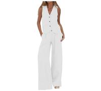 RAOKENSU Tuta estiva da donna, elegante, in cotone e lino, due pezzi, senza maniche, scollo a V, blazer e pantaloni a vita alta, pantaloni palazzo, 2 pezzi, slim fit, per il tempo libero, O bianco., L