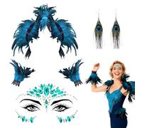 RAOPNHS Costume da carnevale da donna con pavone, set da 4 pezzi, costume da carnevale con mantello a piuma, scaldamuscoli, orecchini e gioielli per il viso, costume da pavone da donna e costume da