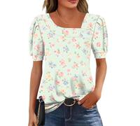 Rapbin Camicetta da donna a maniche corte, elegante, con scollo asimmetrico, estiva, con bottoni, stile casual, taglie dalla S alla XXL, verde con fiori rosa, L