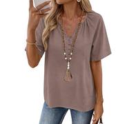 Rapbin Camicia da donna con scollo a V, top estivo, elegante, in cotone, casual, da S a XXL, marrone, M