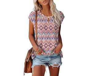Rapbin Maglietta estiva da donna, con scollo a V, maniche ad aletta, con chiusura mentale, vestibilità larga, estiva, casual, taglie dalla S alla XXL, Boho Rosa, L