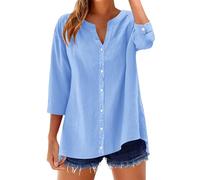 Rapbin Top da donna con maniche a 3/4, in cotone e lino, con bottoni, scollo a V, tinta unita, casual, vestibilità larga, manica arrotolabile, blu cielo, XXL