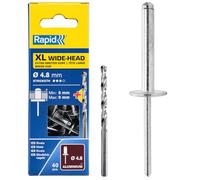 Rapid Scatola da 40 Rivetti in Alluminio XL a Testa Larga da Ø4.8 x 16 mm, Ampia Superficie di Tenuta, per Fissare Tele, Tessuti, Gomme e Reti, con Punta per il Trapano (5000665)