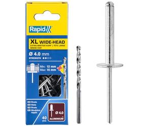 Rapid Scatola da 40 Rivetti in Alluminio XL a Testa Larga da Ø4 x 18 mm, Ampia Superficie di Tenuta, per Fissare Tele, Tessuti, Gomme e Reti, con Punta per il Trapano (5000663)