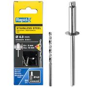 Rapid Scatola da 50 Rivetti in Acciaio Inossidabile da Ø4 x 14 mm, Adatti a Fissare Parafanghi, Coperture in Metallo e Plastica, Segnaletica e Lamiere, Include una Punta per il Trapano (5000395)