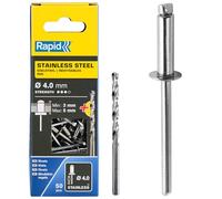 Rapid Scatola da 50 Rivetti in Acciaio Inossidabile da Ø4 x 6 mm, Adatti a Fissare Parafanghi, Coperture in Metallo e Plastica, Segnaletica e Lamiere, Include una Punta per il Trapano (5001460)