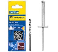 Rapid Scatola da 50 Rivetti in Alluminio XL a Testa Larga da Ø3.2 x 8 mm, Ampia Superficie di Tenuta, per Fissare Tele, Tessuti, Gomme e Reti, con Punta per il Trapano (5000659)