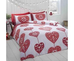 Rapport Cuori Natale Scandi Set Copripiumino, 100% Cotone Spazzolato, Rosso, Singolo