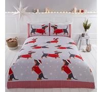 Rapport Home Just Contempo - Set copripiumino matrimoniale con bassotto e neve, 3 pezzi, colore: rosso