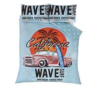 Rapport Home Piumino Rapport-Set di Biancheria da Letto con Copripiumino in Stile retrò, tavola da Surf California su Una Spiaggia con Palma e Auto d'Epoca, Policotone, Blu, Uovo D'Anatra, Doppio