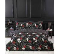Rapport Home Set copripiumino nero con teschi e rose, set di biancheria da letto matrimoniale in microfibra a tema Halloween