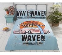 Rapport, Set Copripiumino in Stile rétro California con tavola da Surf sulla Spiaggia con Palma e Auto Vintage, Blu, Uovo di Anatra, King Size