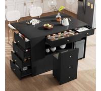 RAPRAP Isola da cucina, mobile da cucina con 6 cassetti e sgabelli, larghezza regolabile 140 * 40(70)*89 cm,Nero