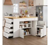 RAPRAP Isola da cucina, mobile da cucina con 6 cassetti e sgabelli, larghezza regolabile 140 * 40(70)*89 cm,Bianca