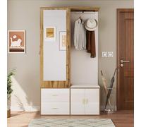 RAPRAP Set Armadio Multifunzionale Con Specchio, Vano Appendiabiti Nascosto E Panca Porta Scarpe - 3 Scomparti Per 8-12 Paia Di Scarpe - Elegante Set Armadio Per Ingresso