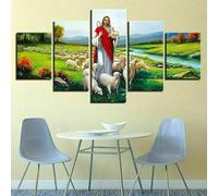 RAPSANI stampa su tela 5 Pezzi quadro moderno soggiorno,quadri camera da letto,Gesù Dio Pastore Gregge Pecore,Quadro Su Tela 5 Pezzi stampe da parete,Con cornice,regali personalizzati 150x80cm