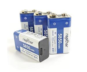 rapthor Batteria al litio da 9 V 650 mAh, batteria al litio ricaricabile da 5850 mWh 9 Volt (4 pezzi), ricarica rapida USB-C, per rilevatori di fumo, rilevatori di CO, rilevatori di incendio