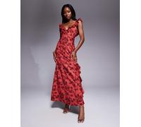 Rare London - Vestito lungo rosso a fiori allacciato sul davanti con spacco laterale e volant 46