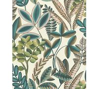 Rasch 485523 Piante e foglie in turchese e verde su sfondo chiaro della collezione Florentine III-10,05 m x 0,53 m (lunghezza x larghezza), carta da parati in tessuto non tessuto, colore: bianco crema