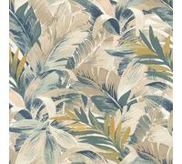 Rasch Tapete 865202 - Carta da parati in tessuto non tessuto chiaro con foglie di palma in beige, verde e blu, carta da parati con palme, 10,05 m x 0,53 m (lunghezza x larghezza)