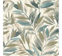 Rasch Tapeten 867640 - Carta da parati in tessuto non tessuto con foglie in azzurro, verde oliva, petrolio scuro e bianco, della collezione Symphony, 10,05 m x 0,53 m (lunghezza x larghezza)