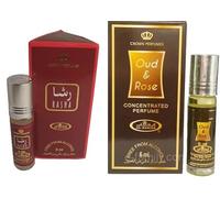 Rasha & Oud - Olio profumato concentrato alla rosa, roll-on da 6 ml, confezione da 2, lunga durata, senza alcol, per uomini e donne, ricca fragranza di oud e rosa