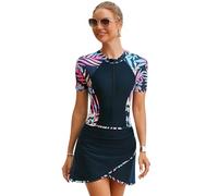 Rashguard Costume da bagno da donna a maniche corte con chiusura lampo, costume da bagno con gonna in due pezzi, stampa tropicale, Colore: rosa., L